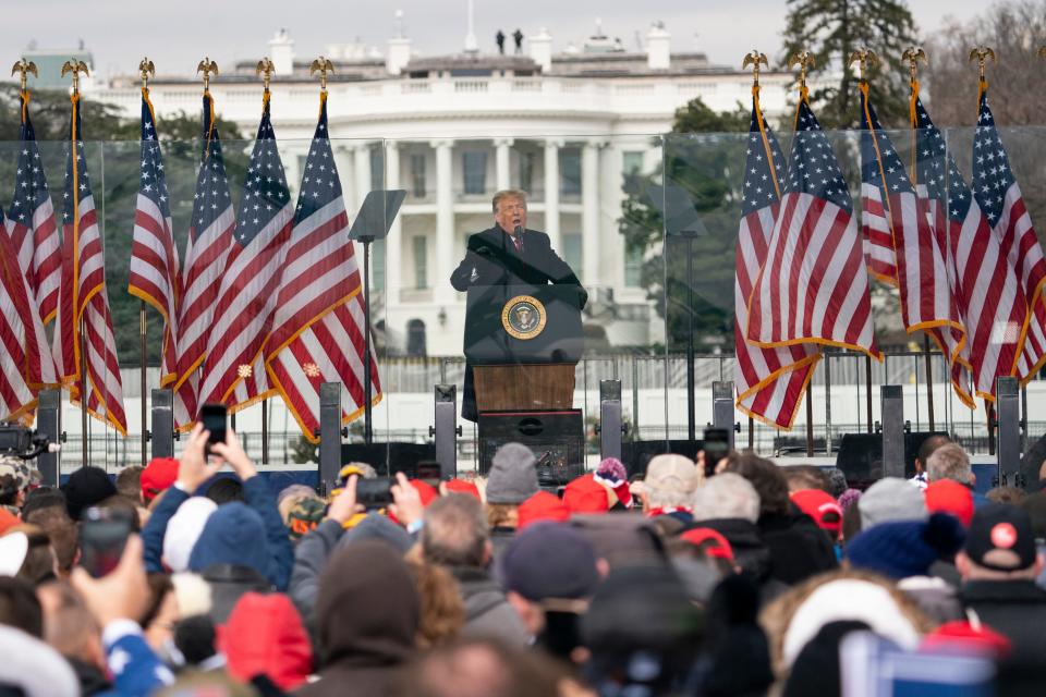 President Donald Trump encourages protesters during a rally against the congressional confirmation of Joe Biden as president Jan. 6 in Washington.