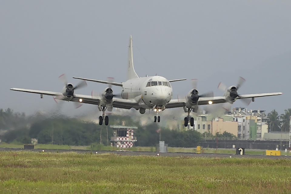 A P-3 submarine hunter aircraft takes off from an airbase in southern Taiwan's Pingtung county on Tuesday, Jan. 30, 2024. Taiwan is holding spring military drills following its recent presidential election and amid threats from China, which claims the island as its own territory that it is determined to annex, possibly by force.(AP Photo/Johnson Lai)