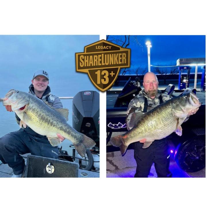 Lane Olson (L) and Bobby Waldon (R) holding up their Legacy ShareLunkers caught at O.H. Ivie during the 2024 Toyota ShareLunker season. 