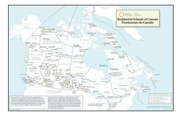 This map shows the location of residential schools identified by the Indian Residential Schools Settlement Agreement. More than 150,000 First Nations, MÃ©tis and Inuit students were sent to these facilities.