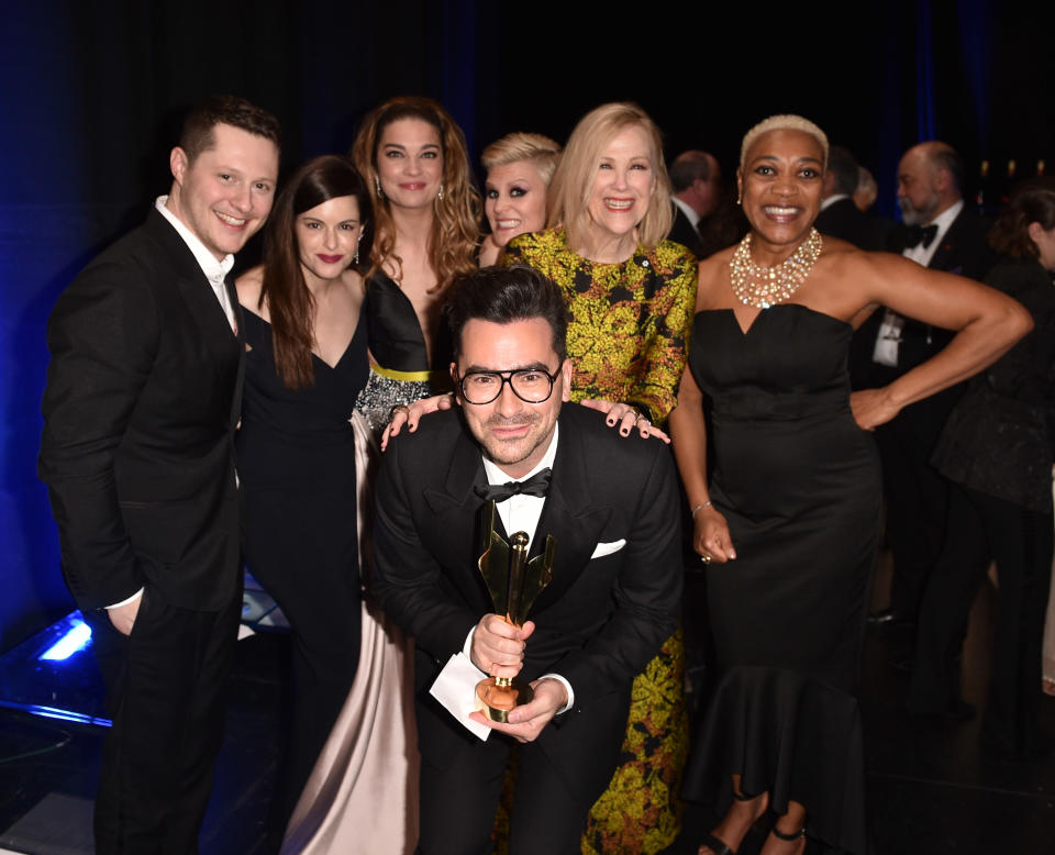 Dan Levy and cast of 'Schitt's Creek' (L-R)Noah Reid, Emily Hampshire, Annie Murphy, Jennifer Robertson, Catherine O'Hara Karen Robinson, receive Best Comedy Series award at the 2019 Canadian Screen Awards Broadcast Gala.