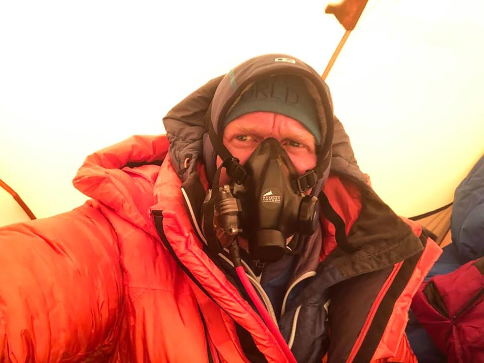 Reinhard Grubhofer breathes from his supplemental oxygen—a necessity in Mount Everest’s brutal death zone.