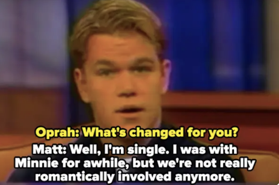Matt Damon being interviewed by Oprah Winfrey, discussing his relationship status and revealing he's no longer romantically involved with Minnie Driver