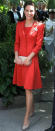 <b>Lady in red </b><br><br> Continuing her tour of Canada, Kate went colourful in this stunning scarlet Marianne coat-dress by Catherine Walker - complete with a gold maple leaf pin!