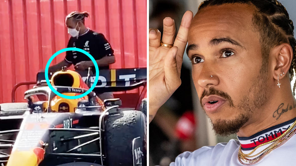 F1 fans speculated Lewis Hamilton could face a fine after a close brush with the parked up Red Bull following the Spanish GP. Pictures: Twitter/Getty IMages