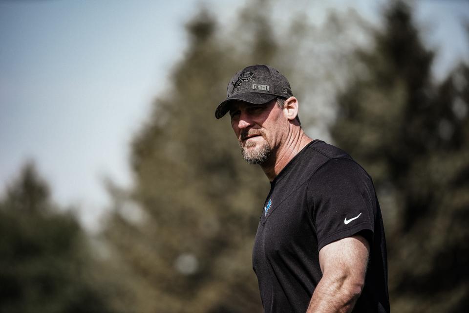 Lions coach Dan Campbell looks on during rookie minicamp in Allen Park on Sunday, May 16, 2021.