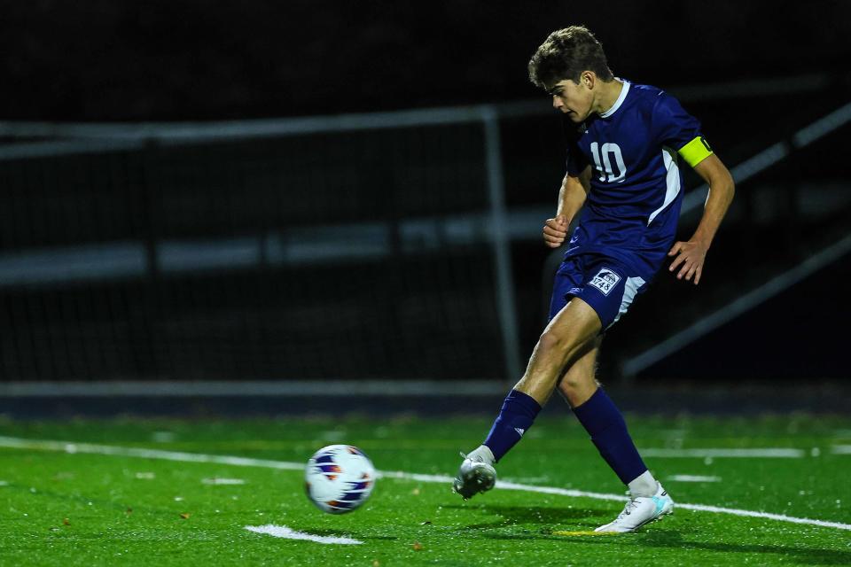 Wilmington Friends Robert Lohkamp (10) attempts the penalty kick during a high school boys semifinal soccer match between Saint Mark’s and Wilmington Friends Wednesday, Nov. 15, 2023, at Abessinio Stadium in Wilmington, DE.