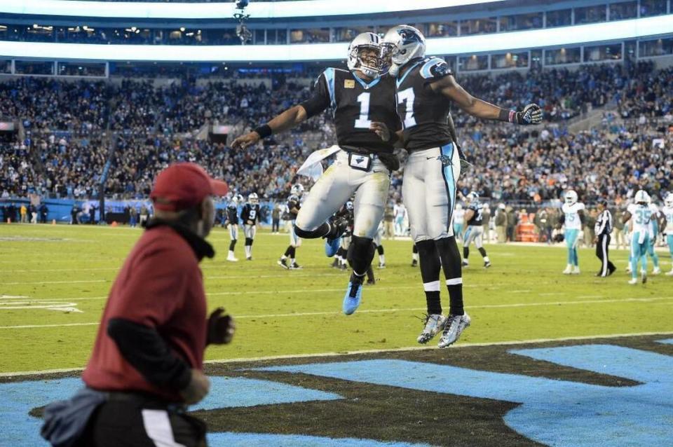 Carolina Panthers quarterback Cam Newton (1) and wide receiver Devin Funchess (17) celebrate a touchdown against the Miami Dolphins in the second quarter of a “Monday Night Football” game at Bank of America Stadium in 2017. The Panthers won, 45-21, with Newton throwing for four touchdowns. David T. Foster III/dtfoster@charlotteobserver.com