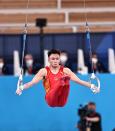 <p>TOKYO, JAPAN - JULY 28: Sun Wei of Team China competes on the rings during the Men's All-Around Final on day five of the Tokyo 2020 Olympic Games at Ariake Gymnastics Centre on July 28, 2021 in Tokyo, Japan. (Photo by Wang Xianmin/CHINASPORTS/VCG via Getty Images)</p> 