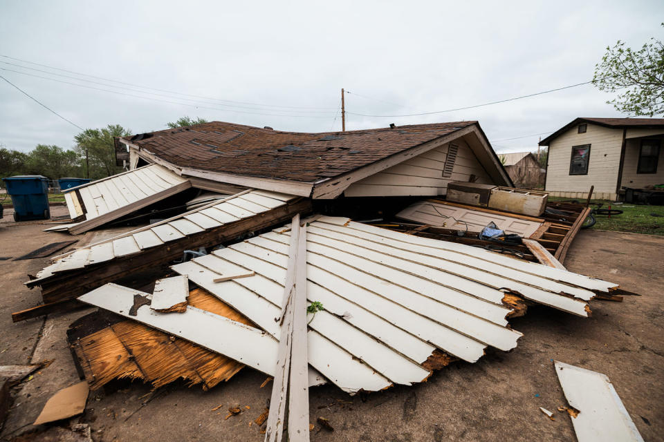 A garage in Barnsdall completely collapsed (Andy Dossett / Examiner-Enterprise via USA Today Network)