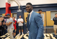 New Orleans Pelicans first-round draft pick Zion Williamson arrives for his introductory news conference at the NBA basketball team's practice facility in Metairie, La., Friday, June 21, 2019. (AP Photo/Gerald Herbert)