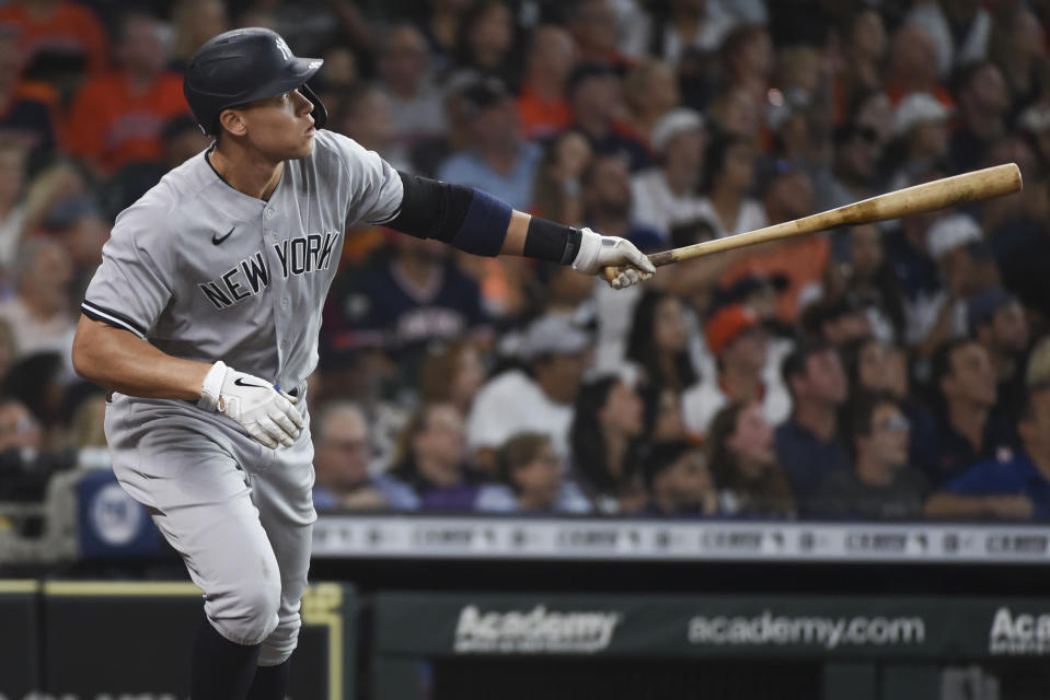 New York Yankees' Aaron Judge watches his solo home run during the third inning of the team's baseball game against the Houston Astros, Saturday, July 10, 2021, in Houston. (AP Photo/Eric Christian Smith)