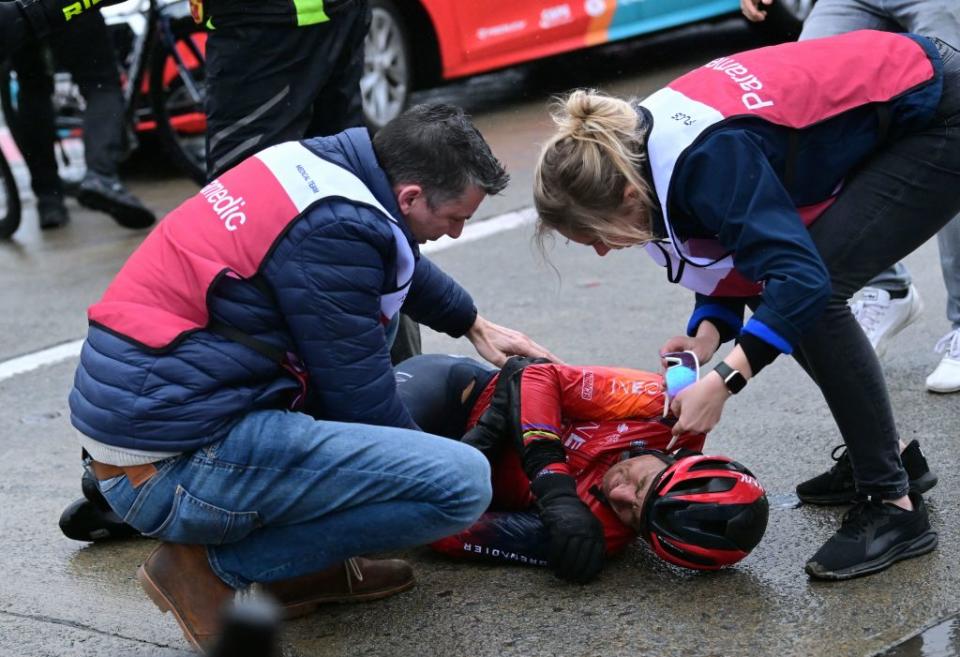 Polish Michal Kwiatkowski of Ineos Grenadiers lies on the ground after a crash during the mens GentWevelgem  In Flanders Fields cycling race 2609 km from Ieper to Wevelgem Sunday 26 March 2023 BELGA PHOTO DIRK WAEM Photo by DIRK WAEM  BELGA MAG  Belga via AFP Photo by DIRK WAEMBELGA MAGAFP via Getty Images
