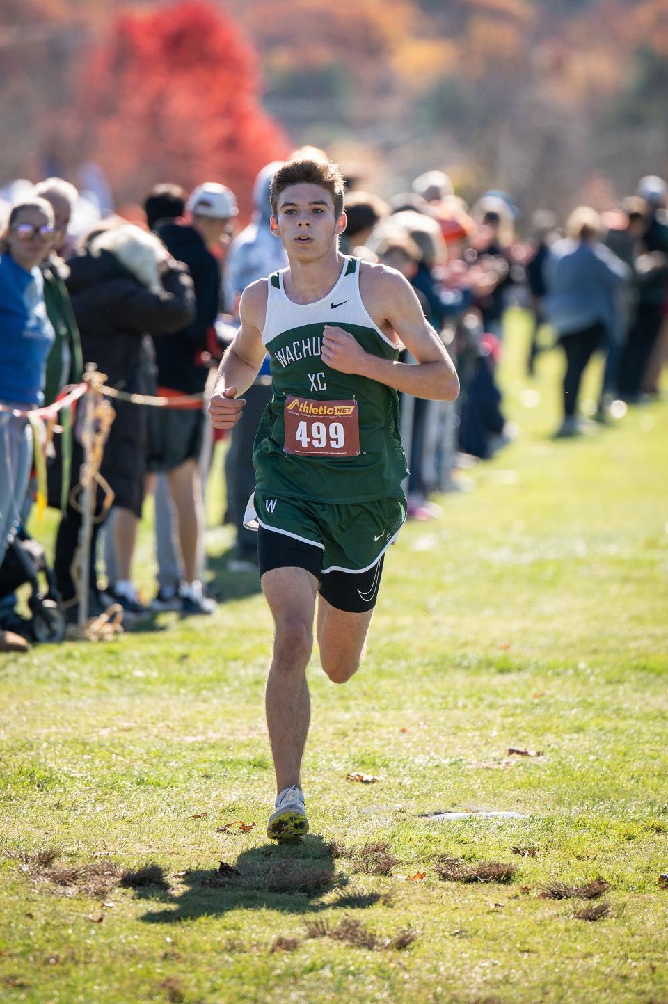 Wachusett's Dylan Brenn finishes first in the Division 1 boys' race at the Central Mass. XC Championships at Gardner Municipal Golf Course.