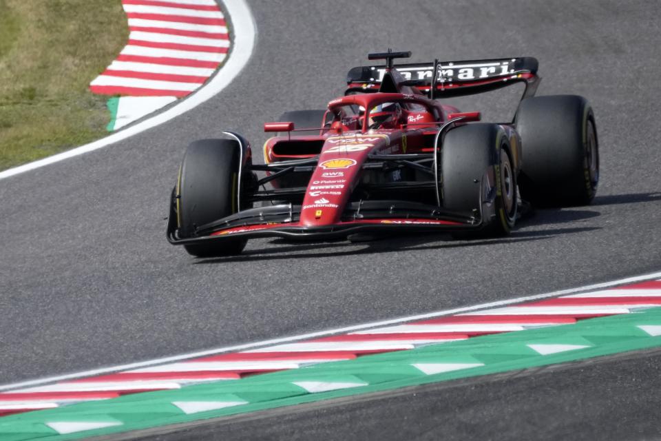 Ferrari driver Charles Leclerc of Monaco steers his car during the Japanese Formula One Grand Prix at the Suzuka Circuit in Suzuka, central Japan, Sunday, April 7, 2024. (AP Photo/Hiro Komae)