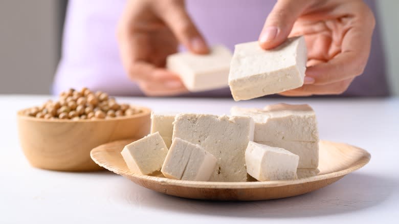 Tofu pieces on a plate