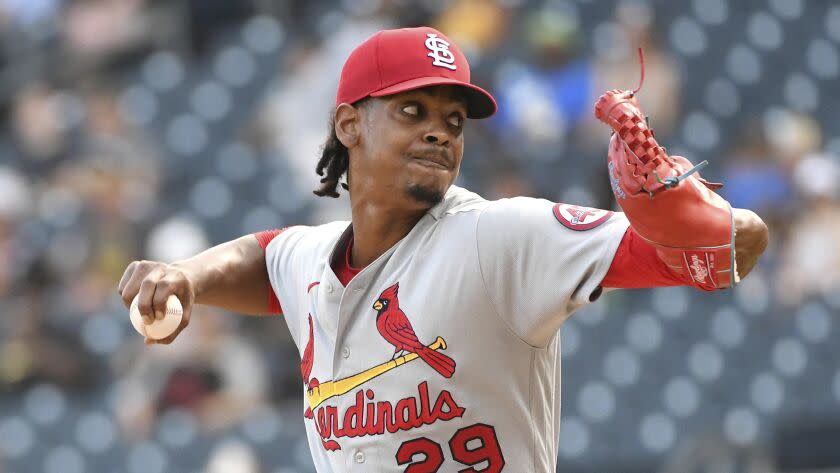St. Louis Cardinals reliever Alex Reyes pitches in the ninth inning in a baseball game.