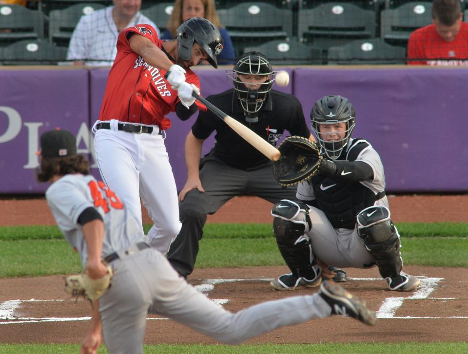 Erie SeaWolves leadoff batter Riley Greene hit this ball for a first-inning home run against the Bowie Baysox on July 13, 2021, at UPMC Park in Erie. Greene hit a three-run triple in his next at-bat.