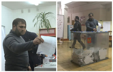 A combination picture shows a voter casting a ballot at a polling station number 217 (L) and casting a ballot at a polling station number 216, during the presidential election in Ust-Djeguta, Russia March 18, 2018. The voter declined to comment to Reuters reporter when asked why he was voting a second time, and left the building quickly. Pictures taken March 18, 2018. REUTERS/Staff