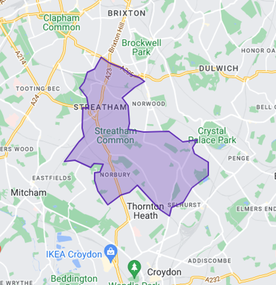 The new constituency of Streatham and Croydon North (Google Maps)