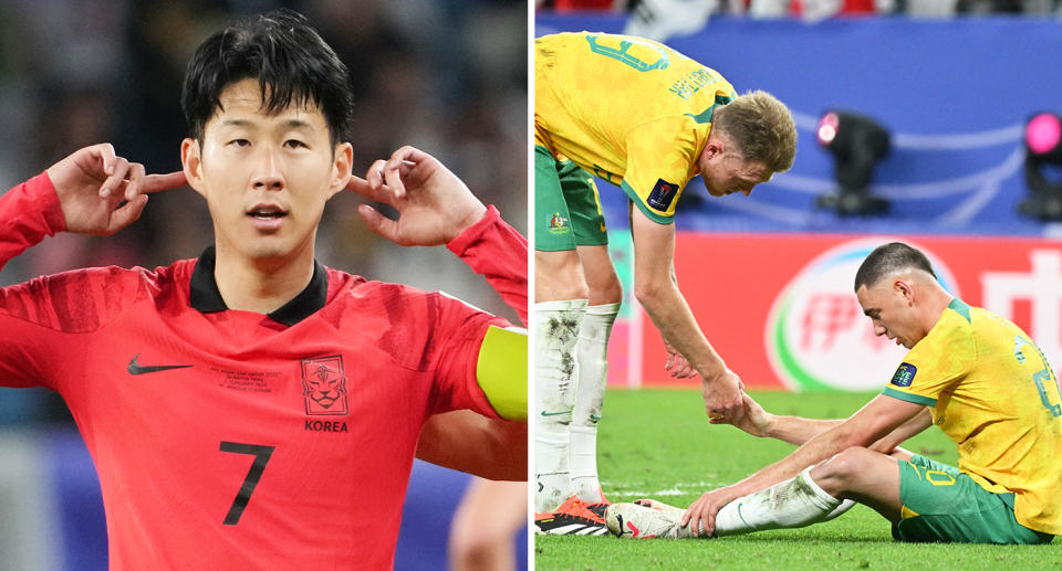 Pictured Son Heung-min left and Socceroos right.