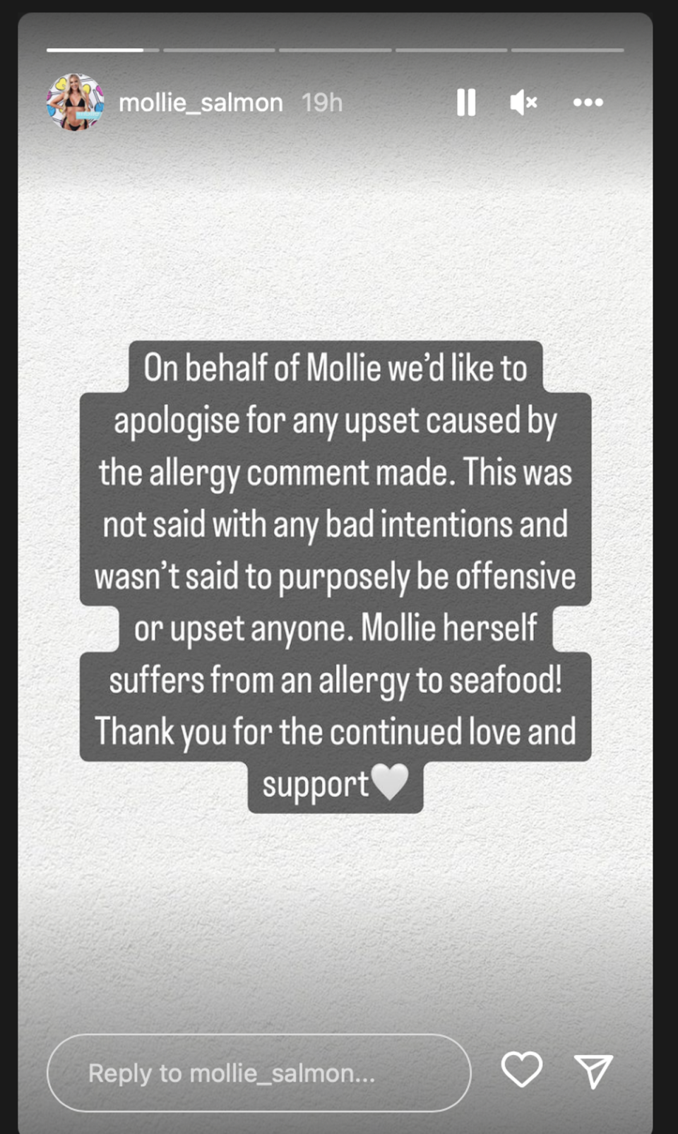 ‘Love Island’ contestant Mollie Salmon’s family has apologised for her allergy comment (Instagram)