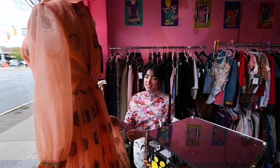 Ariel Linebaugh with a favorite dress at Feral Heart Club in the first block of North Beaver Street in York.