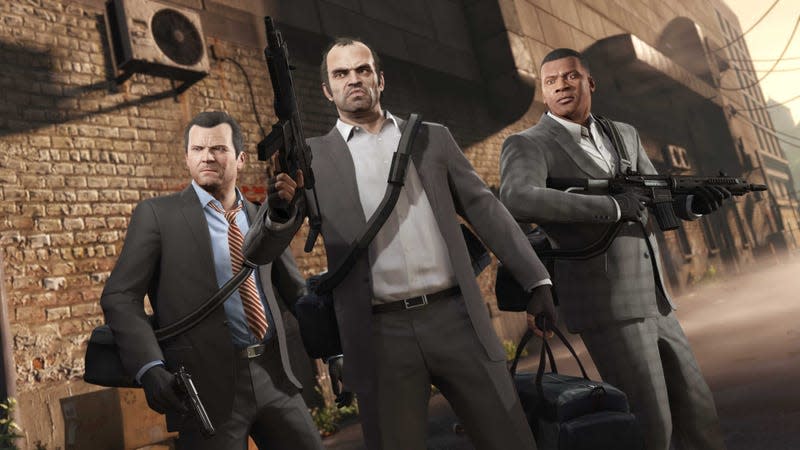 Michael, Trevor, and Franklin from Grand Theft Auto V are seen dressed in formal attire and carrying fire arms, looking off camera.