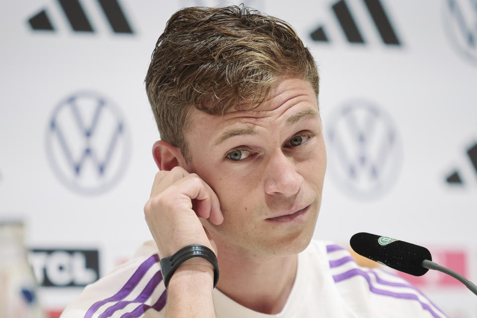 Germany's Joshua Kimmich attends a press conference of the German national soccer team in Herzogenaurach, Germany, Saturday, June 1, 2024. Germany's midfielder Joshua Kimmich has slammed as “absolutely racist” a survey and its findings that one in five Germans would prefer more white players on the national team. The poll of 1,304 randomly selected participants was commissioned for national broadcaster ARD’s documentary “Unity and Justice and Diversity” that’s to be shown on Wednesday. (Christian Charisius/dpa via AP)