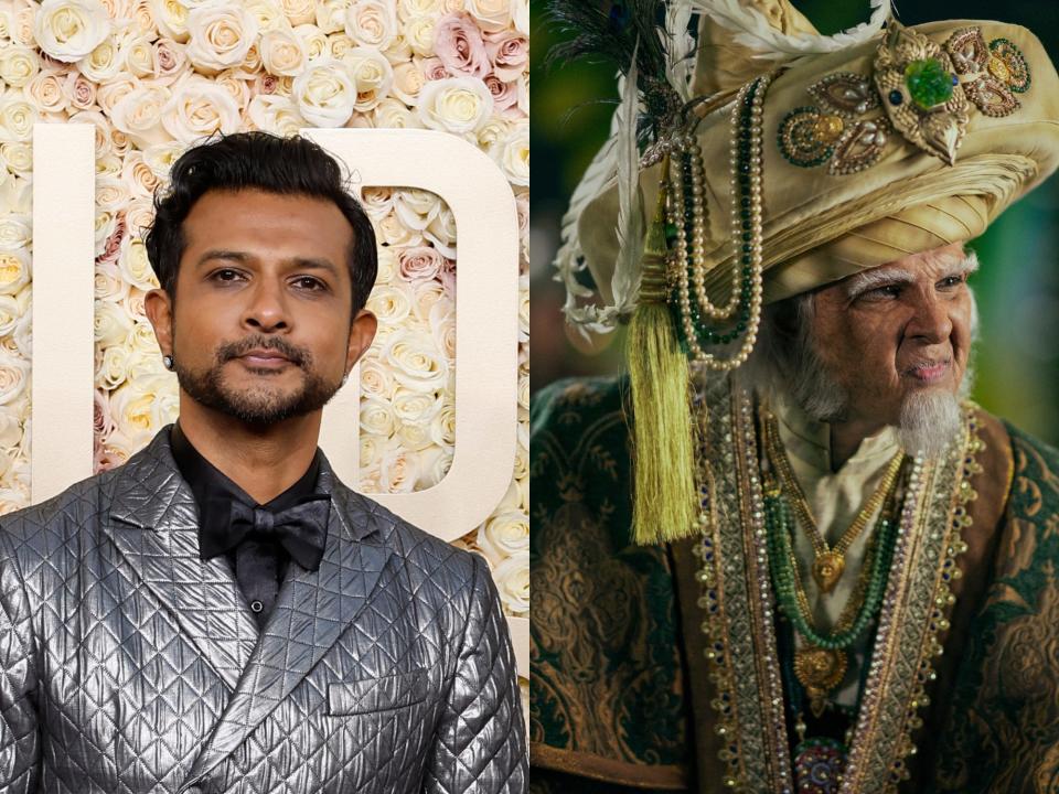 left: utkarsh ambudkar in a silver suit and black bowtie in front of a floral background, wearing two stud earrings and with his facial hair trimmed; right: ambudkar as king bumi, appearing vastly older with wrinkled skin and white facial hair, in an ornate headpiece and green robes