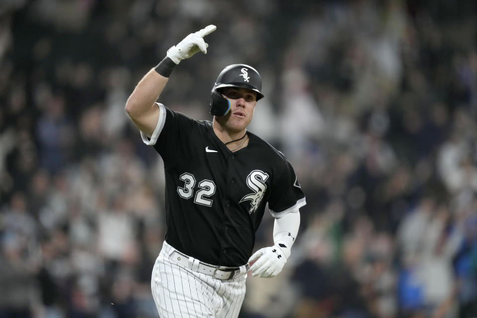 Chicago White Sox's Gavin Sheets celebrates his three-run home run off Cleveland Guardians starting pitcher Shane Bieber during the fifth inning of a baseball game Tuesday, May 16, 2023, in Chicago. (AP Photo/Charles Rex Arbogast)