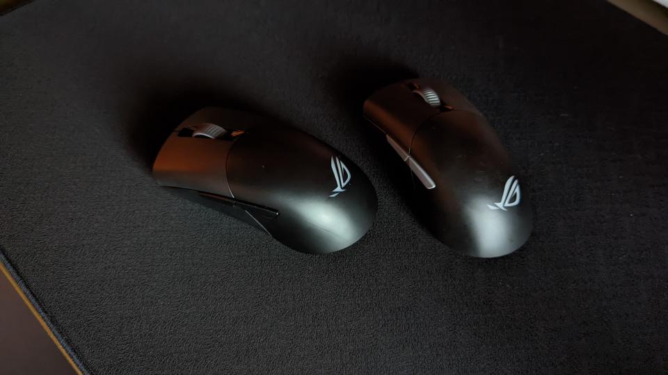 Two ROG Keris Wireless on a black mousepad.