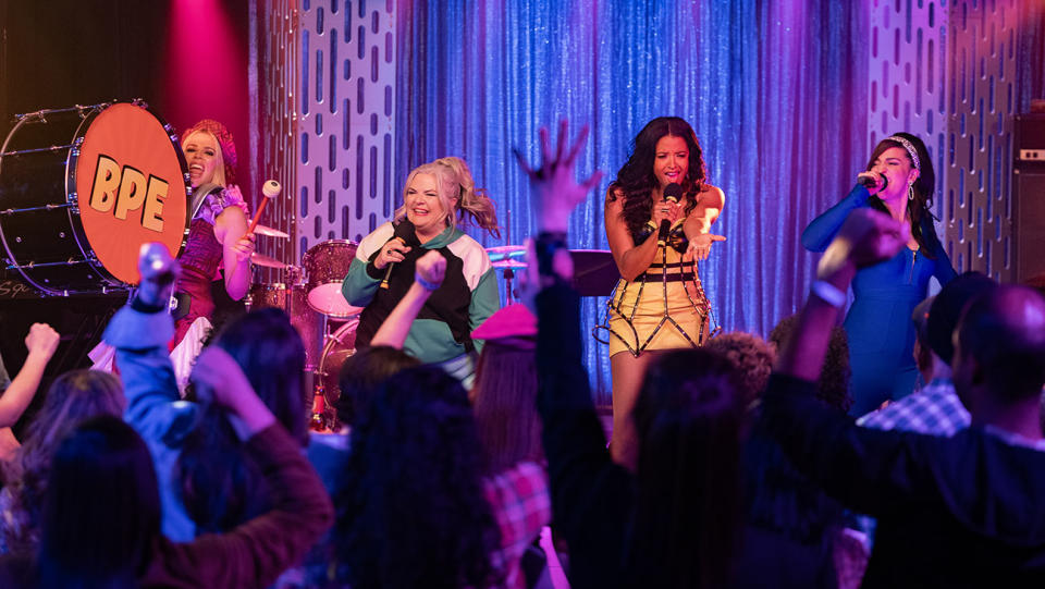 (L to R) Busy Philipps as Summer, Paula Pell as Gloria, Renee Elise Goldsberry as Wickie and Sara Bareilles as Dawn in GIRLS5EVA