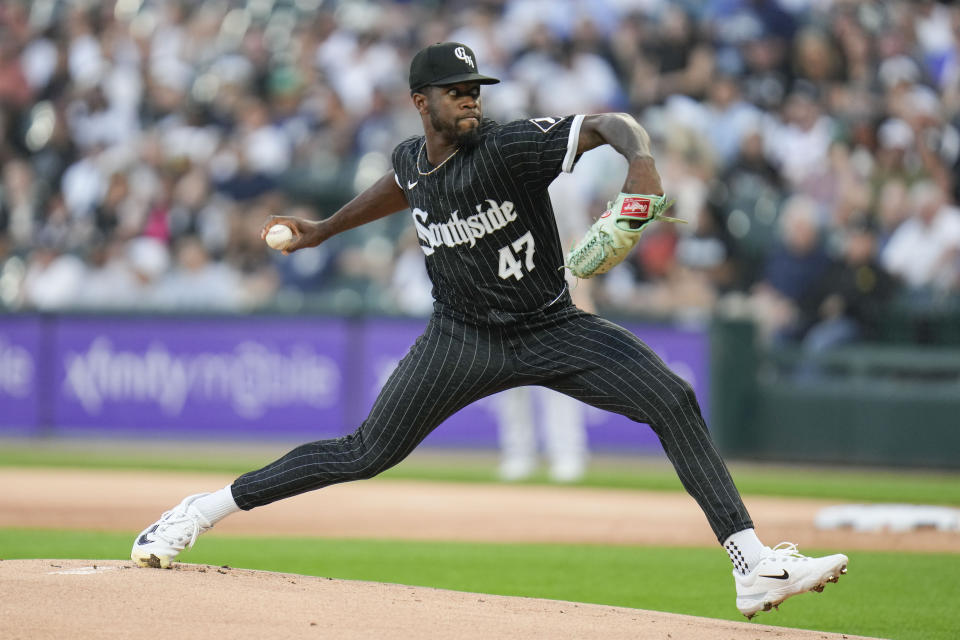 Chicago White Sox starting pitcher Touki Toussaint throws to a New York Yankees batter during the first inning of a baseball game Tuesday, Aug. 8, 2023, in Chicago. (AP Photo Erin Hooley)