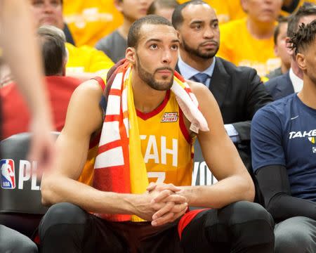 Apr 20, 2019; Salt Lake City, UT, USA; Utah Jazz center Rudy Gobert (27) watches from the bench during the first half of game three of the first round of the 2019 NBA Playoffs against the Houston Rockets at Vivant Smart Home Arena. Mandatory Credit: Russ Isabella-USA TODAY Sports