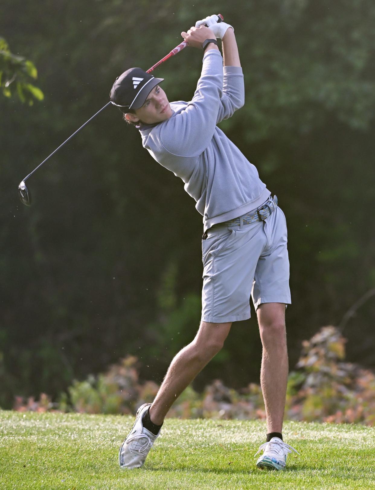 Bloomington South’s Happy Gilmore hits a tee shot during the IHSAA boys’ golf sectional at Cascades Golf Course on Monday, June 3, 2024.