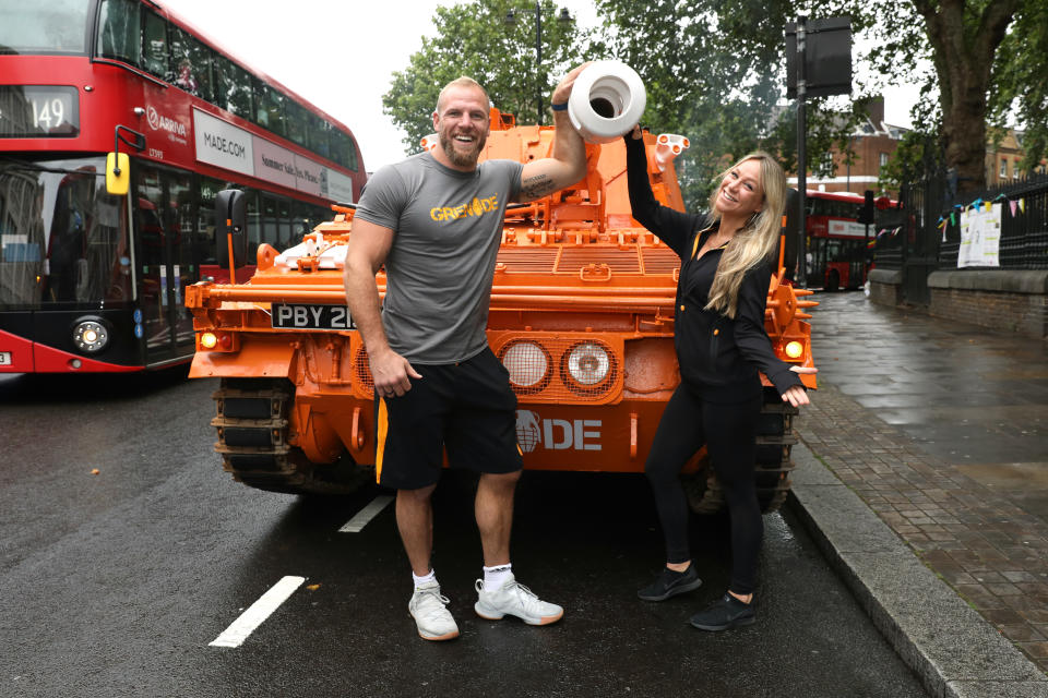 LONDON, ENGLAND - AUGUST 05: James Haskell and Chloe Madeley pose with the Grenade® tank on August 05, 2019 in London, England. (Photo by Lia Toby/Getty Images for Grenade)