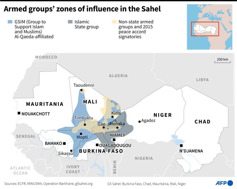 <span>Map showing zones of influence by armed groups in the Sahel (VALENTINA BRESCHI, MARYAM EL HAMOUCHI / AFP)</span>