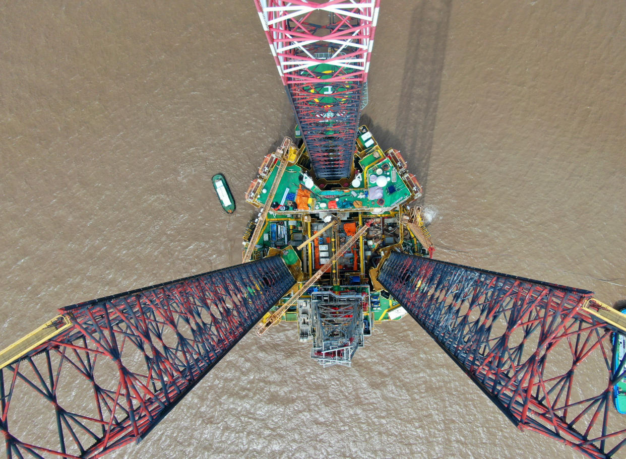 QIDONG, CHINA - JULY 13: A self-elevating drilling platform, or jack-up drill rig, is seen at a shipyard of Cosco (Nantong) Shipyard Co., Ltd before being delivered to China Oilfield Services Limited (COSL) on July 13, 2021 in Qidong, Nantong City, Jiangsu Province of China. (Photo by Xu Congjun/VCG via Getty Images)