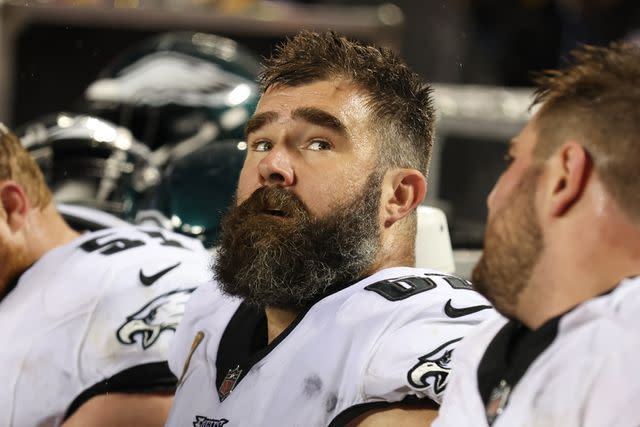 <p>Scott Winters/Icon Sportswire via Getty</p> Philadelphia Eagles center Jason Kelce (62) on the sidelines in the second quarter of an NFL football game between the Philadelphia Eagles and Kansas City Chiefs on Nov 20, 2023 at GEHA Field at Arrowhead Stadium in Kansas City, MO