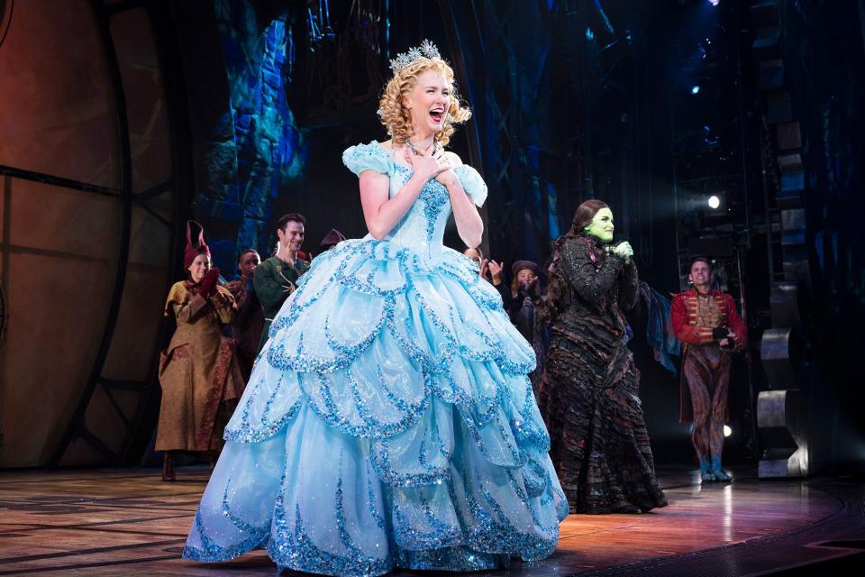 NEW YORK, NEW YORK - SEPTEMBER 14: Ginna Claire Mason and Lindsay Pearce during curtain call of the Broadway reopening of "Wicked" at Gershwin Theatre on September 14, 2021 in New York City. (Photo by Jenny Anderson/Getty Images)