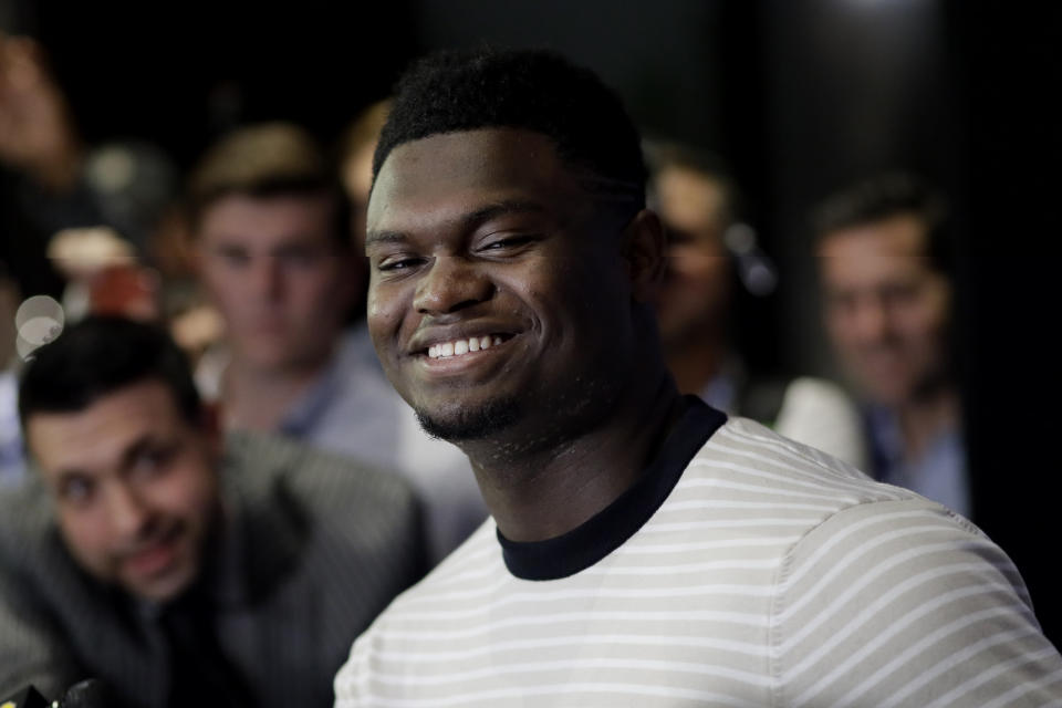 Zion Williamson, a freshman from Duke, attends the NBA Draft media availability, Wednesday, June 19, 2019 in New York. The basketball draft will be held Thursday, June 20. (AP Photo/Mark Lennihan)