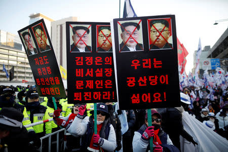 Members of a South Korean conservative civic group take part in an anti-North Korea protest in Seoul, South Korea, December 8, 2018. Picture taken December 8, 2018. The sign (R) reads: "We hate communism!". REUTERS/Kim Hong-Ji