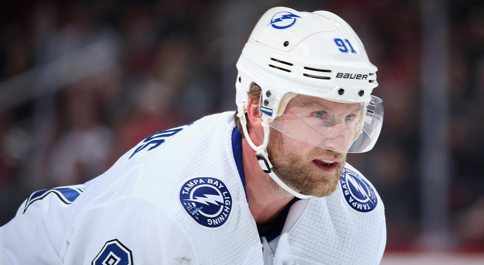 GLENDALE, ARIZONA - FEBRUARY 22: Steven Stamkos #91 of the Tampa Bay Lightning awaits a face off against the Arizona Coyotes during the first period of the NHL game at Gila River Arena on February 22, 2020 in Glendale, Arizona. (Photo by Christian Petersen/Getty Images) 