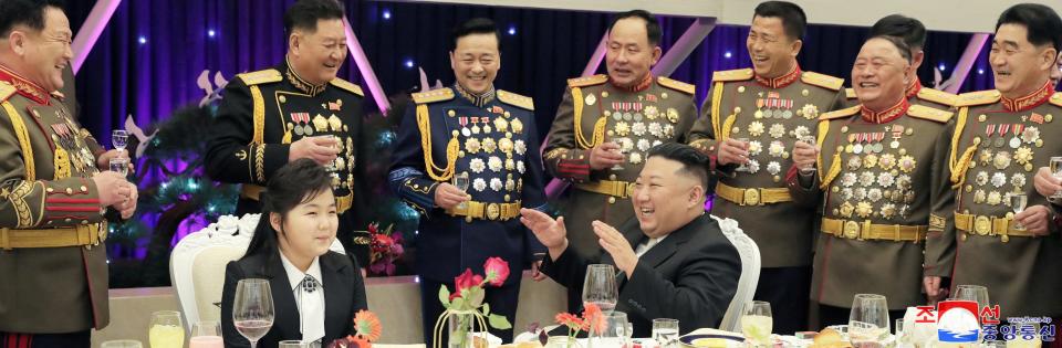 North Korean leader Kim Jong Un and his daughter Kim Ju Ae attend a banquet to celebrate the 75th anniversary of the Korean People's Army the following day, in Pyongyang, North Korea February 7, 2023 in this photo released February 8, 2023 by North Korea's Korean Central News Agency.