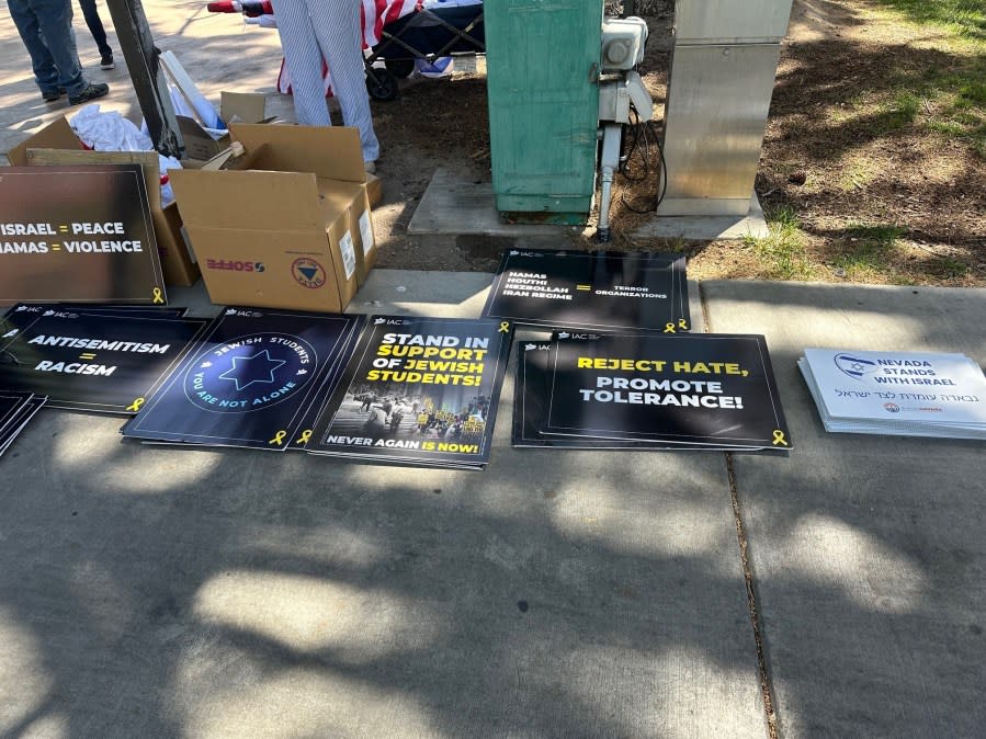 Posters prepared for Monday’s anti-semitism rally at UNLV. (KLAS)