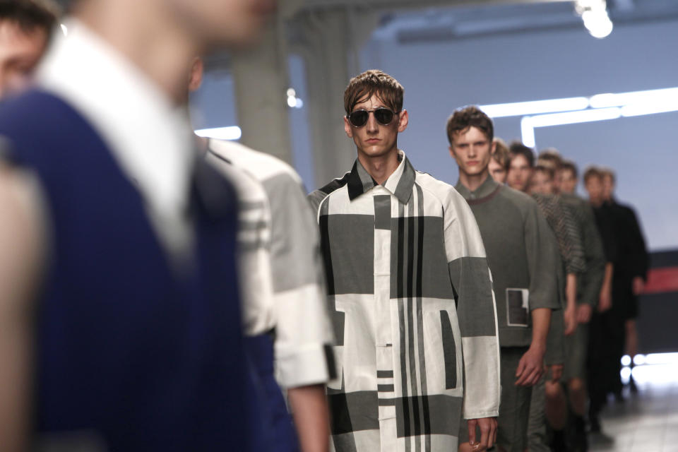 Models present creations by German fashion designer Damir Doma as part of his men's fashion Spring-Summer 2014 collection, presented Saturday, June 29, 2013 in Paris. (AP Photo/Thibault Camus)