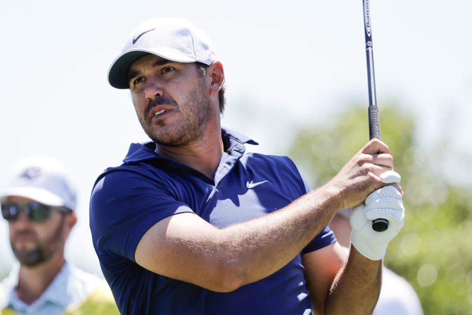 Apr 5, 2024; Miami, Florida, USA; Brooks Koepka of the Smash golf club plays his shot from the fifth tee during the first round of LIV Golf Miami golf tournament at Trump National Doral. Mandatory Credit: Reinhold Matay-USA TODAY Sports