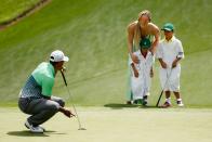 <p>Professional golfer, Tiger Woods is joined on the green by his girlfriend Lindsey Vonn and his children, son Charlie and daughter Sam, for the Masters Par 3 contest in 2015. </p>