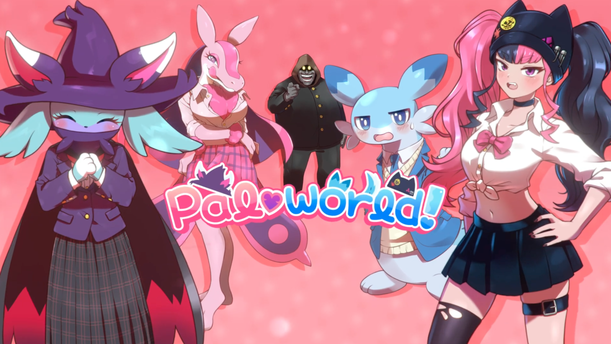  A screenshot from the Palworld April Fools dating sim trailer, showing a few Pals and humans dressed in school uniforms. . 